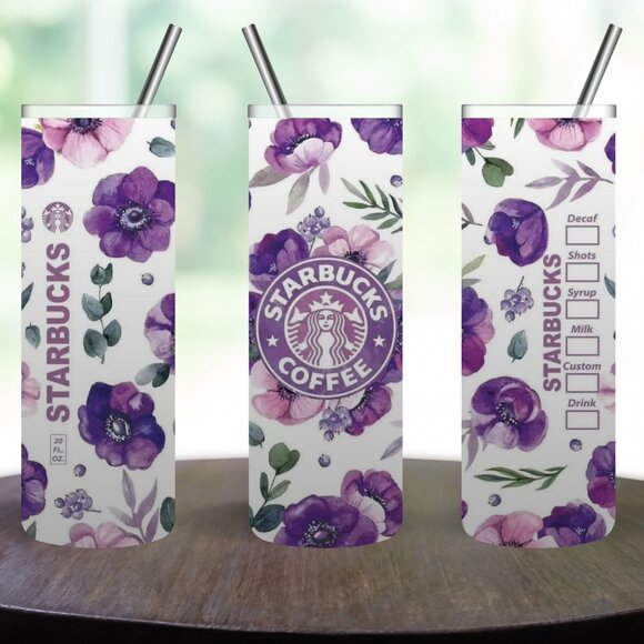 Stainless Steel Starbucks Purple Flowers 20oz Skinny Tumbler - Picture 1 of 5
